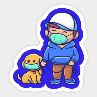 Cute Boy With Dog Wearing Mask Cartoon Sticker